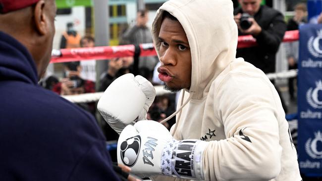 Boxer Devin Haney boxes during his final public work out at Federation Square. Picture: AFP