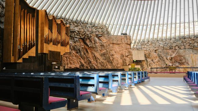 Interior of the Temppeliaukio ‘rock church’ in Helsinki.