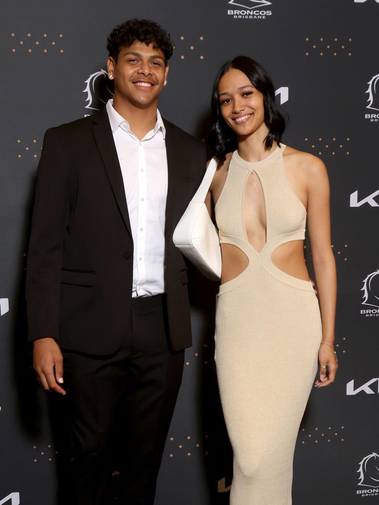 Selwyn Cobbo and Ruby Peyroux at Brisbane Broncos’ 2022 awards night. Picture: Steve Pohlner