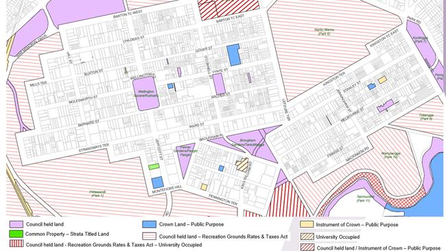 Map showing the exempted land within North Adelaide which does not have to pay rates. Image: Adelaide City Council