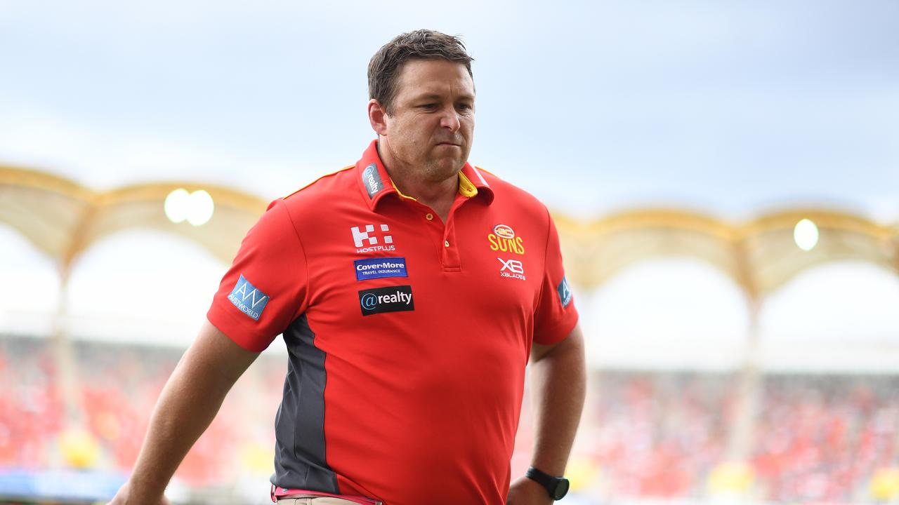 Suns coach Stuart Dew is seen prior to the Round 4 AFL match between the Gold Coast Suns and the Carlton Blues at Metricon Stadium on the Gold Coast, Sunday, April 14, 2019. (AAP Image/Dave Hunt) NO ARCHIVING, EDITORIAL USE ONLY