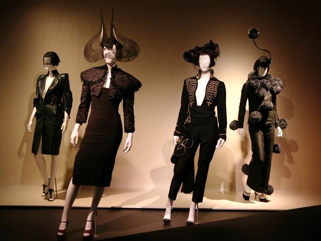 Some of Isabella Blow’s collection of Alexander McQueen couture pieces and Philip Treacy hats.