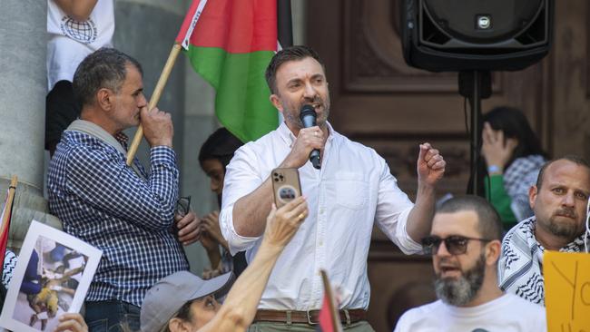 Greens MLC Robert Simms speaks during the Rally for Palestine. Picture: Mark Brake