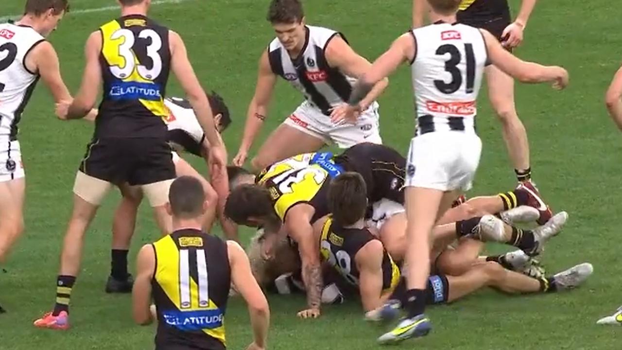 The incident which sparked a fiery clash at the MCG. Picture: Fox Footy
