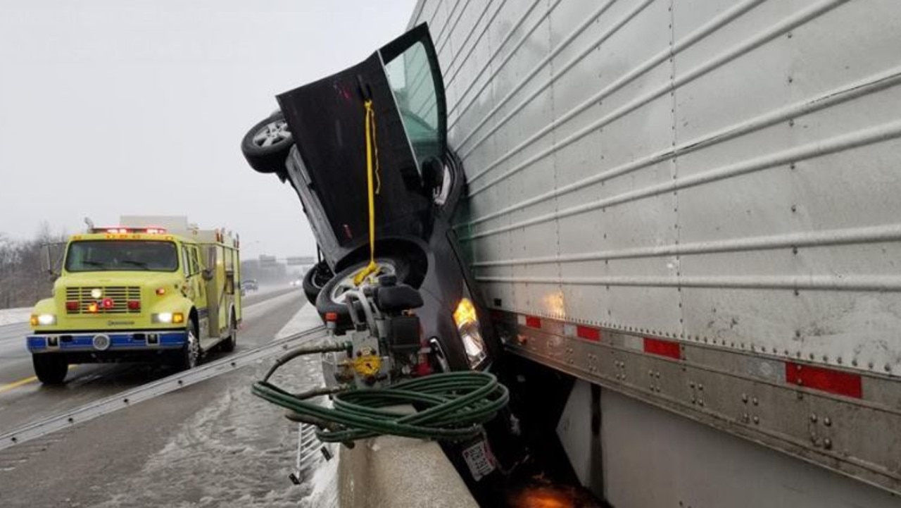 A driver was pinned between this truck and guard rail in Ohio but survived. Picture: Supplied