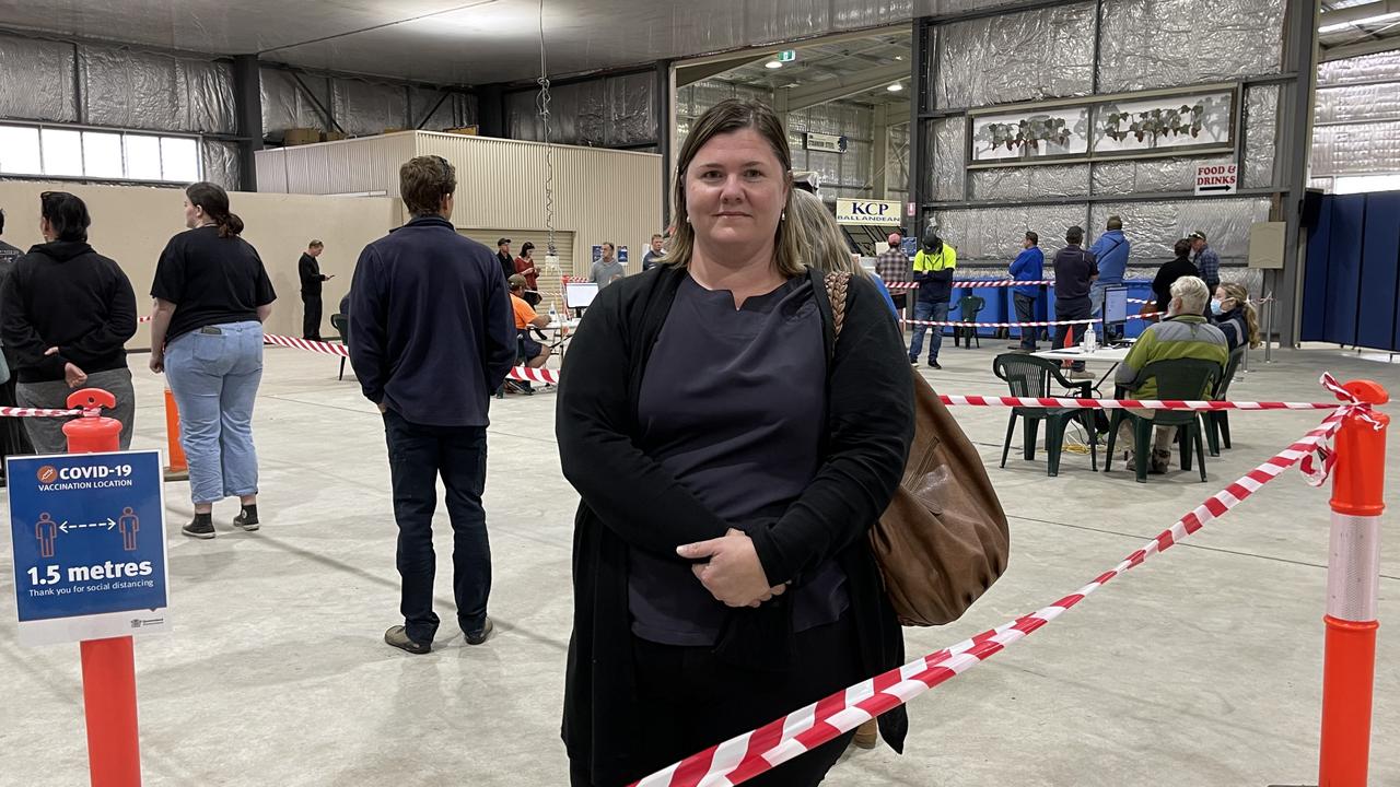 Penny Chisholm from Tenterfield waits in line to receive the Pfizer vaccine at the Stanthorpe Covid clinic. Photo: Madison Mifsud-Ure / Stanthorpe Border Post