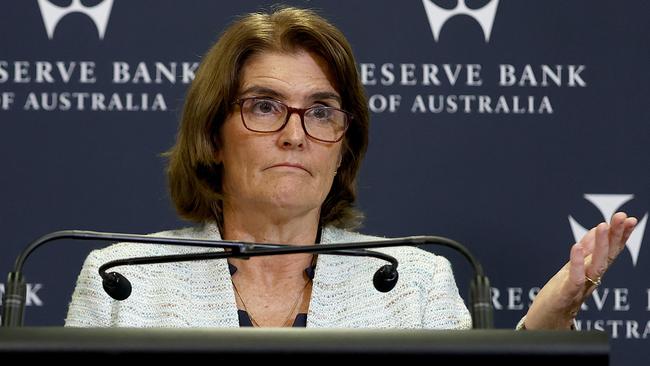 SYDNEY, AUSTRALIA - NewsWire photos FEBRUARY 06, 2024: Pictured is Michele Bullock the Australian economist who is currently governor of the Reserve Bank of Australia speaking at a press conference at the Reserve Bank of Australia (RBA) in Sydney. Picture: NCA NewsWire / Dylan Coker