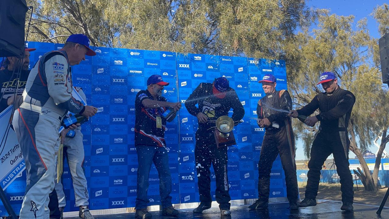 Driver Beau Robinson and navigator Shane Hutt were given the King of the Desert title after winning the 2024 edition of Finke. Picture: Gera Kazakov