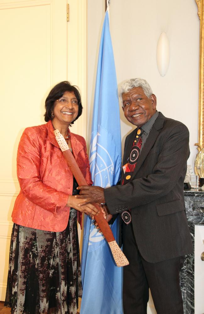 Yolngu Elder reverend Dr Gondarra OAM meeting with UN High Commissioner for Human Rights Navi Pillay, in 2011. The 79-year-old passed away in his sleep on Tuesday, June 18 at his home at of Galiwin’ku.