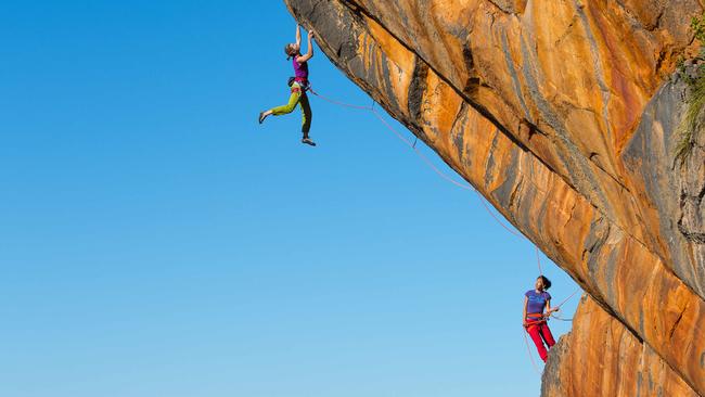 Ashlee Hendy (leading) and Elizabeth Chong (belaying) on pitch two of The Man Who Sold the World. Picture: Simon Carter