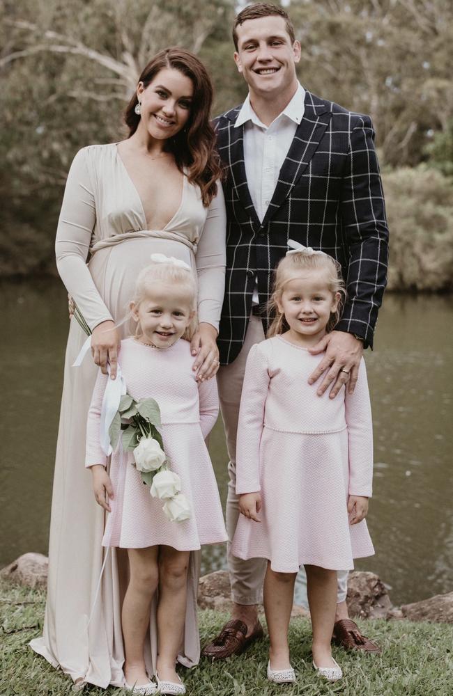 Jarrod Wallace and Courtney Thorpe tied the knot in an intimate ceremony alongside Wallace’s daughters, Peyton and Lara, on the Gold Coast on May 10. Photo: Jason P. Lucas