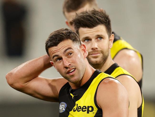 MELBOURNE, AUSTRALIA - JUNE 25: Jack Graham of the Tigers looks dejected after a loss during the 2021 AFL Round 15 match between the Richmond Tigers and the St Kilda Saints at the Melbourne Cricket Ground on June 25, 2021 in Melbourne, Australia. (Photo by Michael Willson/AFL Photos via Getty Images)