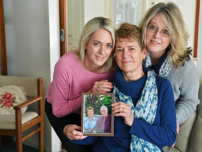 Widow, Veronica Leaney (centre) whose husband Roger died after travelling on the Ruby Princess cruise ship with her daughters Jo Tonkin and Cheryl Ogden at her Valley View home. Picture Mark Brake