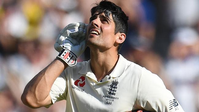 Alastair Cook of England after scoring a century on day two. Picture: AAP.