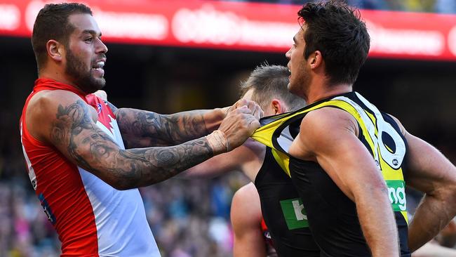 Lance Franklin gets up close with Alex Rance. Picture: Getty Images