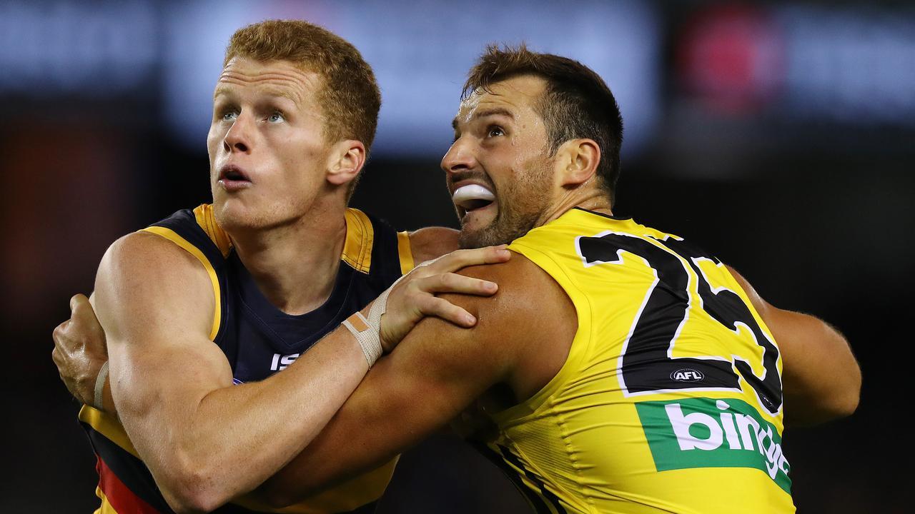 Toby Nankervis and Reilly O'Brien tangle during a JLT Community Series game.