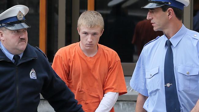 Dee-Jay Feil, centre, was jailed almost four years ago for the manslaughter of his best friend, Zachary Hyde, after a Pontville birthday party.