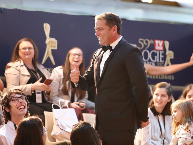 Hughes targeted Karl Stefanovic at the 59th Annual Logie Awards at Crown Palladium. Picture: Getty