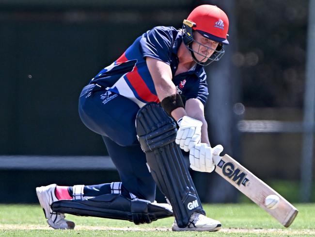 FootscrayÃs Travis Dean during the Victorian Premier Cricket match between Footscray and Kingston Hawthorn at Mervyn Hughes Oval in Footscray, Saturday, Jan. 6, 2024. Picture: Andy Brownbil