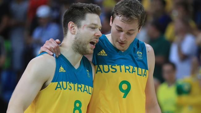 Rio Olympics 2016. The Men's Australian Basketball team, the Boomers, v. Lithuania at Carioca 1, in Olymic Park Rio de Janeiro, Brazil. Australia's Matthew Dellavedova and Ryan Broekhoff after the game. Picture: Alex Coppel.