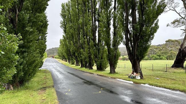 Tributes left at the scene of a fatal crash on Vulcan St in Cooma.