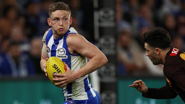 MELBOURNE, AUSTRALIA - July 16. AFL. Jack Ziebell of the Kangaroos during the round 18 AFL match between North Melbourne and Hawthorn at Marvel Stadium, on July 16, 2023, in Melbourne, Australia. Photo by Michael Klein.