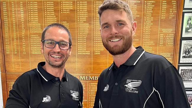 Payneham Norwood Union recruit Brad McKenzie (right) with Falcons coach Jeremy Cini. McKenzie will be a significant factor in any turnaround the Falcons have in the second half of 2022. Picture: Payneham Norwood Union Football Club