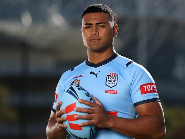 SYDNEY, AUSTRALIA - MAY 28: Haumole Olakau'atu of the Blues poses during a New South Wales Blues State of Origin media opportunity at NSWRL Centre of Excellence on May 28, 2024 in Sydney, Australia. (Photo by Matt King/Getty Images)