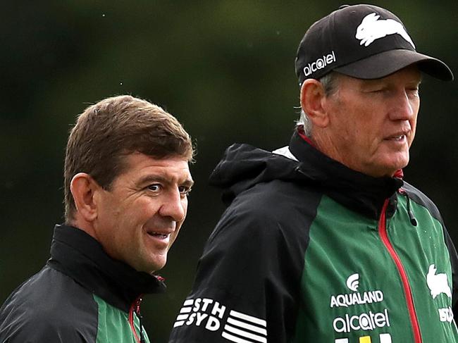 Assistant coach Jason Demetriou with Wayne Bennett during South Sydney Rabbitohs training ahead of their first game of the season against the Sharks.  Picture. Phil Hillyard