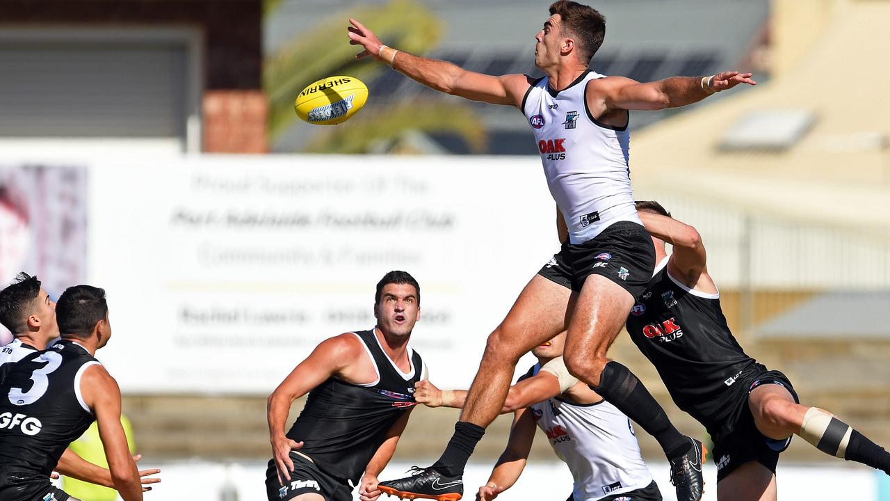 West Coast premiership ruckman Scott Lycett took No. 1 ruck duties from Patrick Ryder in Port Adelaide’s internal trial at Alberton Oval on Friday. But he is far from certain of keeping that mantle. Picture: Tom Huntley.