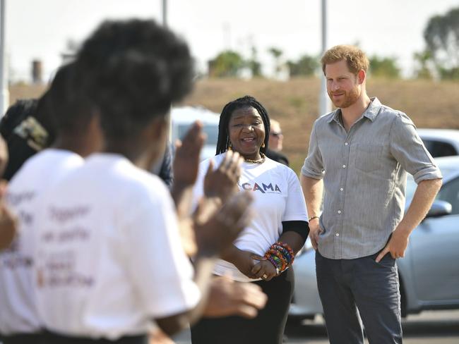 Britain's Prince Harry arrives at the Nalikule College of Education to learn about the CAMA network in Lilongwe, Malawi. Picture: AP