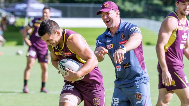 Jason Demetriou, pictured with Kodi Nikorima, has Wayne Bennett’s backing to be next Broncos coach. Picture: AAP