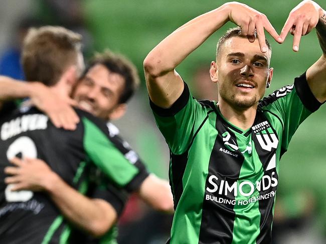 MELBOURNE, AUSTRALIA - APRIL 26:  Dylan Pierias of Western United celebrates scoring a goal during the A-League match between Western United and the Newcastle Jets at AAMI Park, on April 26, 2021, in Melbourne, Australia. (Photo by Quinn Rooney/Getty Images)