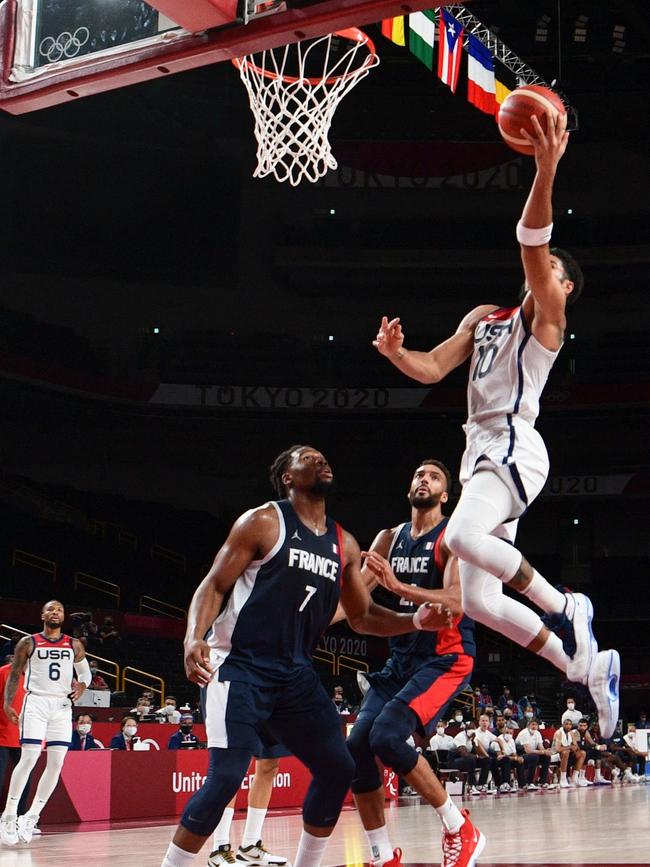 Jayson Tatum goes to the basket against France. Picture: AFP