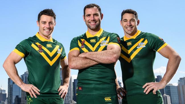 Cooper Cronk, Cameron Smith and Billy Slater on the eve of the World Cup last year. Picture: NRL Photos