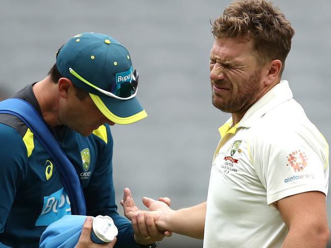 Australian batsman Aaron Finch copped a nasty blow on the hand from a rising delivery at last year’s Perth Test. Picture: Getty Images