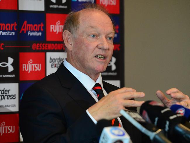 MELBOURNE, AUSTRALIA – NewsWire Photos SEPTEMBER 30TH, 2022: Essendon President David Barham, speaks to the media, about newly-appointed senior coach Brad Scott, at the NEC Hangar. Picture: NCA NewsWire / Nicki Connolly