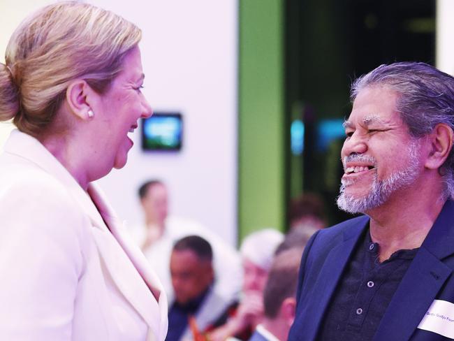 Queensland Premier Annastacia Palaszczuk speaks with Aboriginal elder and indigenous leader Gudju Gudju Fourmile at the Path to Treaty Breakfast, held at the Hilton Hotel in Cairns. Picture: Brendan Radke.