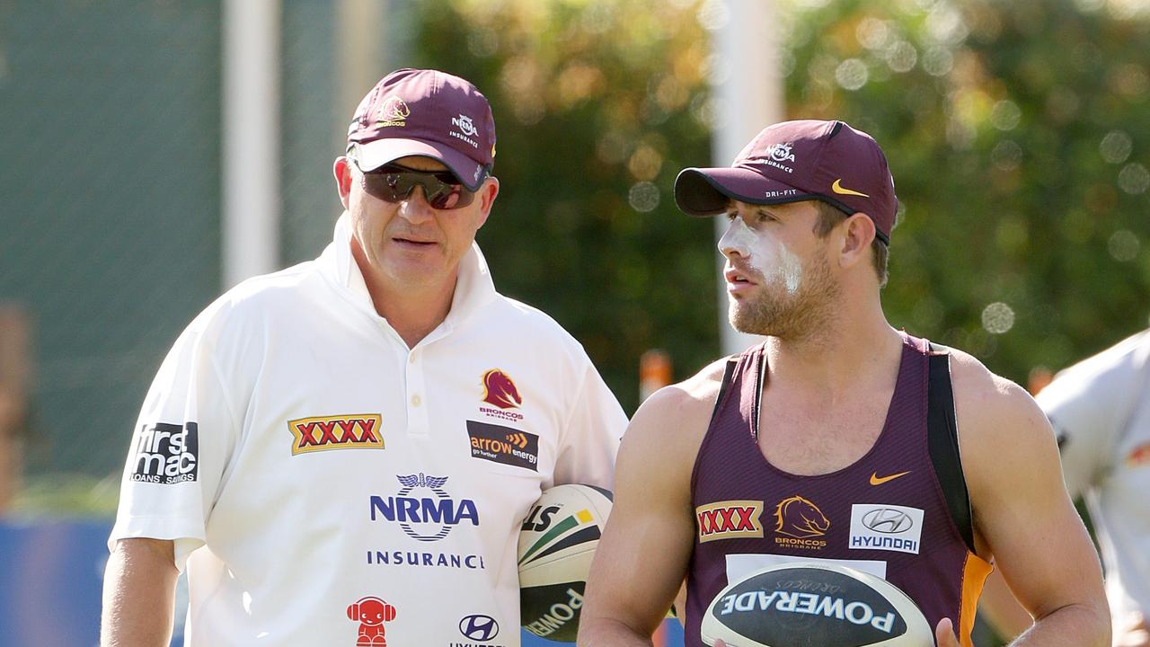 Coach Anthony Griffin and Andrew McCullough at Broncos training, Red Hill. Pic Jono Searle.