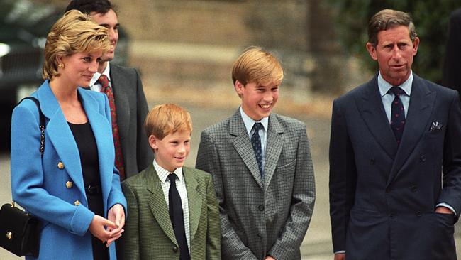 Princess Diana, Prince Harry, Prince William and Prince Charles at Prince William's first day at Eton. Picture: Tom Wargacki/Wire Image