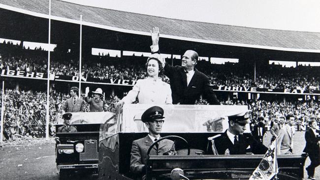 The Queen and Prince Philip at the MCG in 1956.