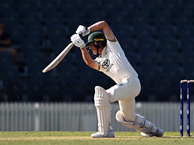 MACKAY, AUSTRALIA - OCTOBER 31: Nathan McSweeney of Australia A bats during the match between Australia A and India A at Great Barrier Reef Arena on October 31, 2024 in Mackay, Australia. (Photo by Albert Perez/Getty Images)