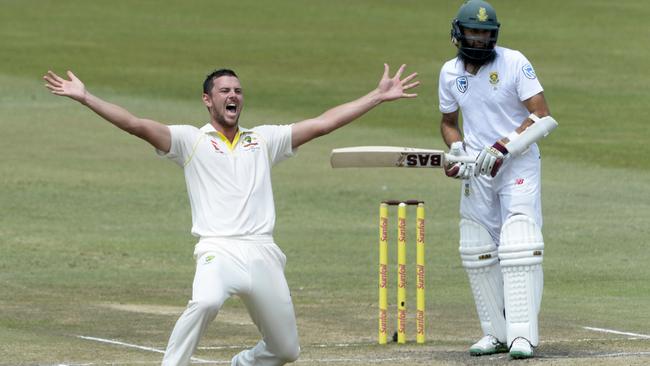 Australian bowler Josh Hazlewood appeals for the wicket of South Africa’s Hashim Amla in Durban last March. Picture: Getty Images