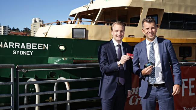 Manly MP James Griffin and Transport Minister Andrew Constance at Manly Warf. Adam Yip/ Manly Daily