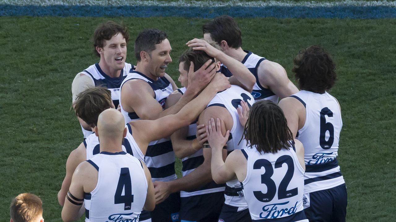 Tom Hawkins celebrates one of his five goals at the SCG.