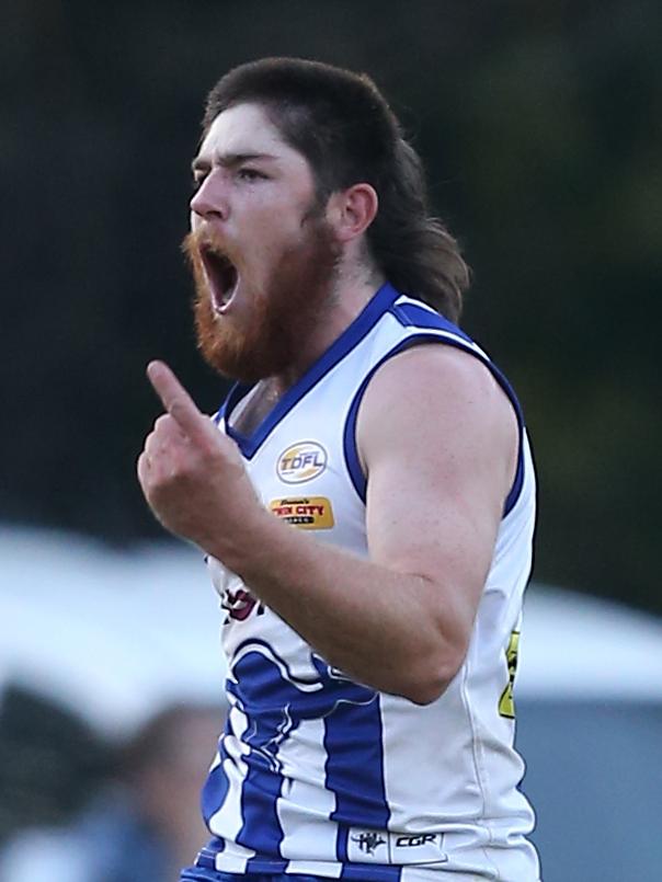 Yackandandah’s Ethan Patrala celebrates his late goal to secure victory.