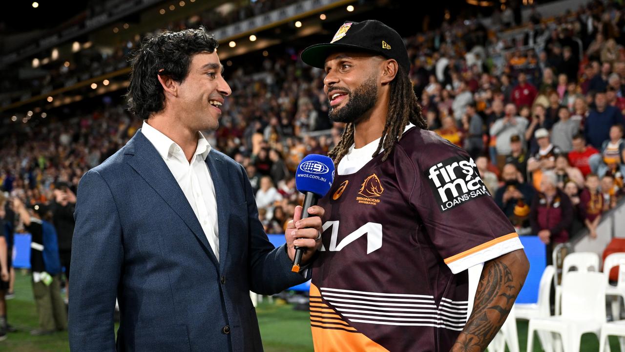 The bromance was real between JT and Patty Mills. Picture: NRL photos