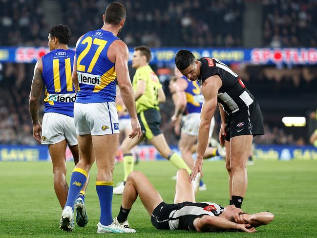 Jack Darling checks on Jack Bytel after the bump yesterday. Picture: Michael Willson/AFL Photos