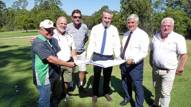 EARLY DAYS: Golf club member Matt Dougherty, Grafton District Golf Club president Trevor Townsend, surveyor Andrew Fletcher, Member for Page Kevin Hogan, Federal Aged Care Minister Ken Wyatt and the CEO of Signaturecare Graeme Croft on the site of a proposed 144-bed aged care centre to be built on land occupied by two former holes on the golf course. Picture: Tim Howard