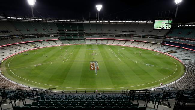 The first bounce is seen with an empty stadium due to the coronavirus outbreak. Picture: AAP